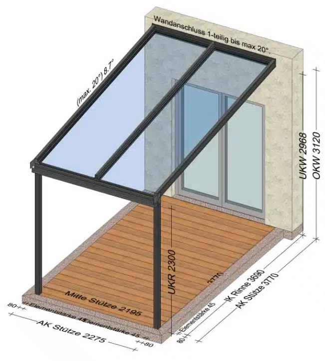 Aluminium Glas Überdachung mit 2 Glasfeldern