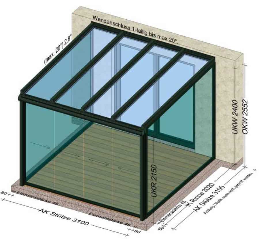 Aluminium Wintergarten mit seitlichen Fixteilen und Schiebetüren