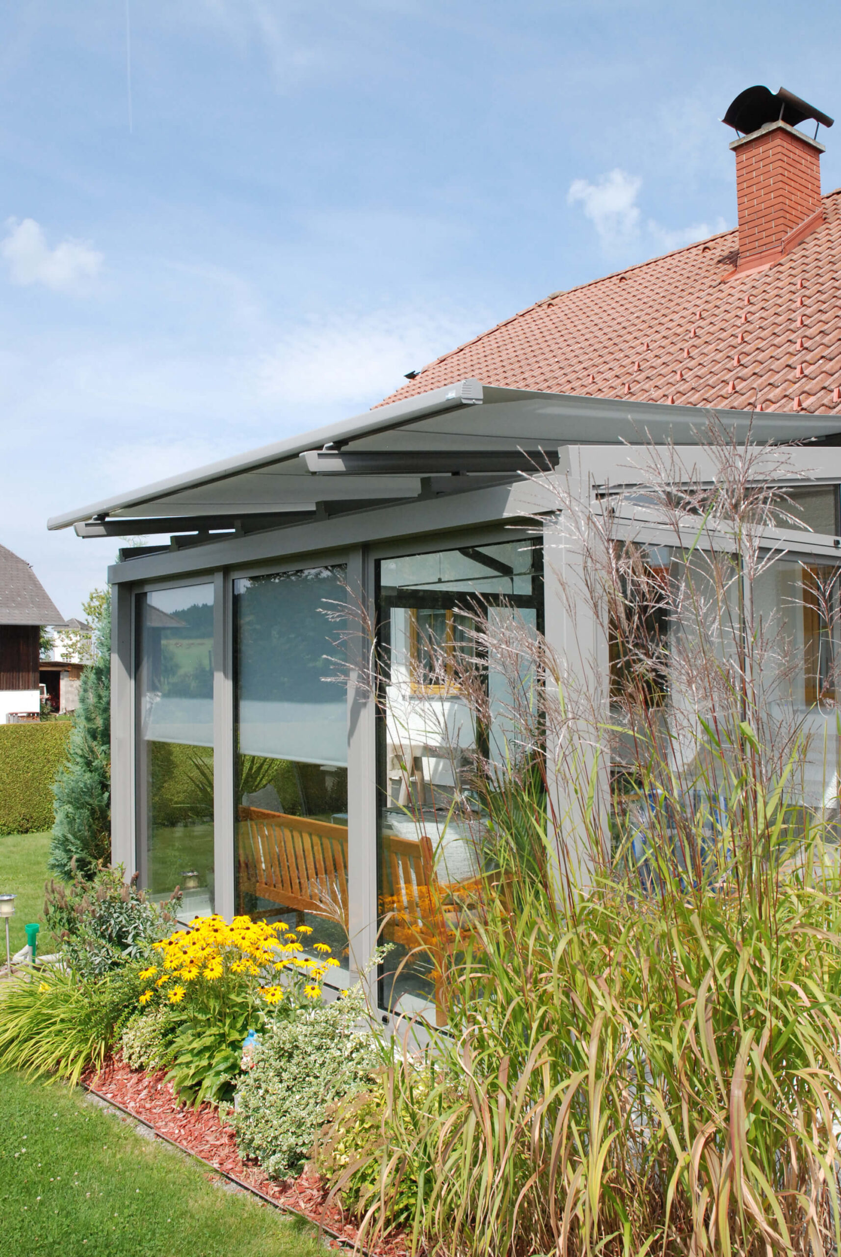 Ganzglas-Schiebe/Drehanlage Terrasse