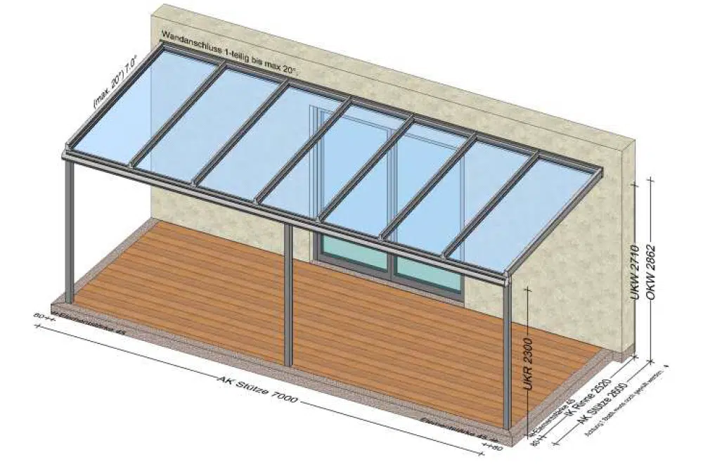 Glasdach auf Terrassen 7x2,6 Meter - Planungsskizze