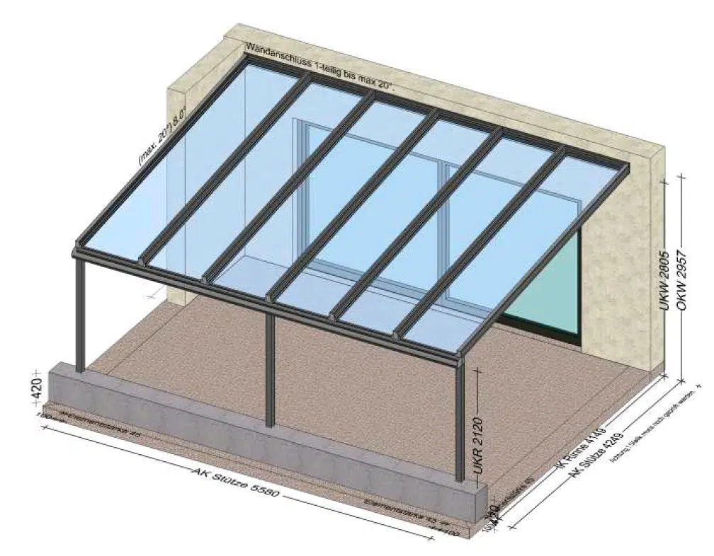 Glasüberdachung auf Terrasse 5,5 x 4,2 Meter