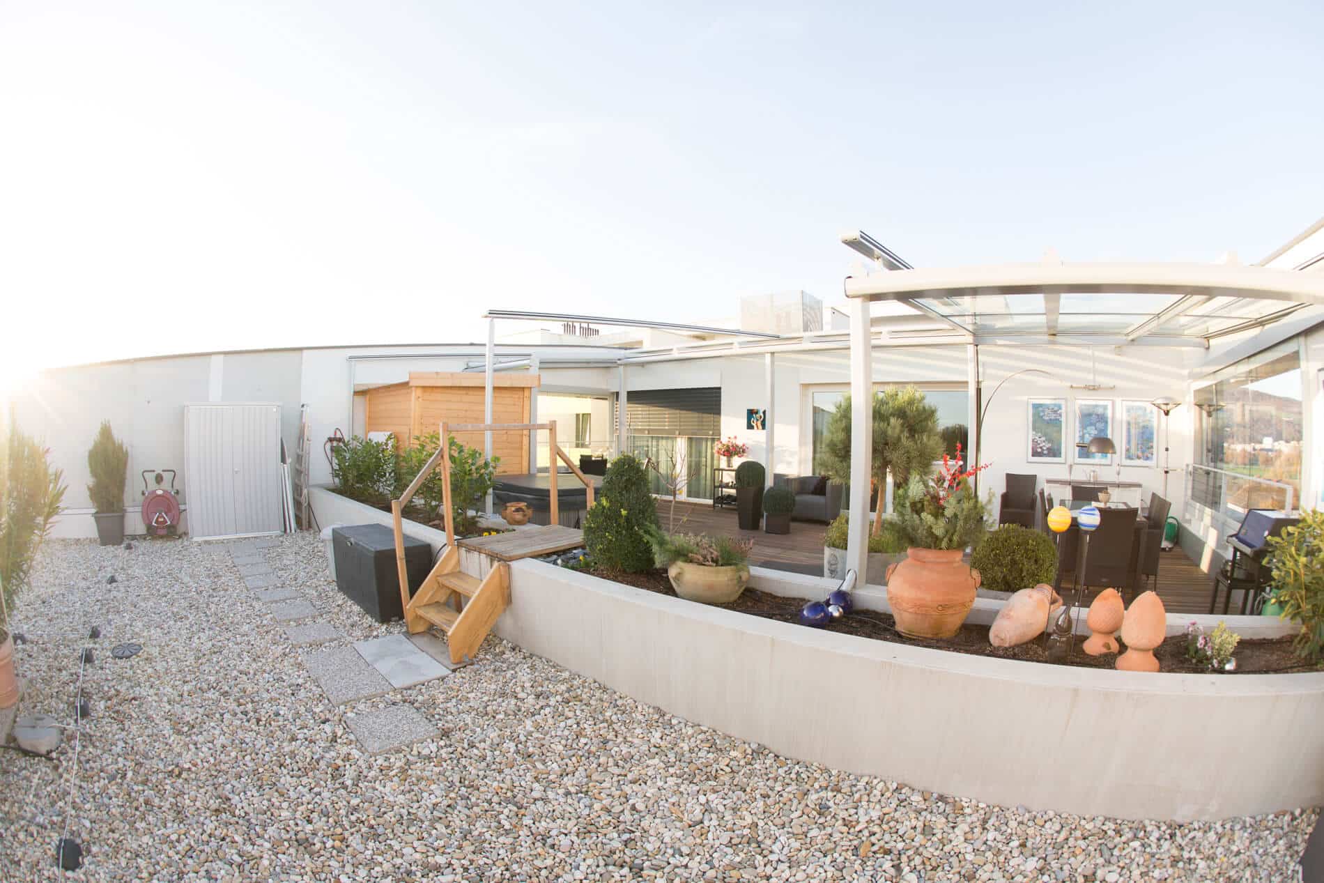 Terrassendach Alu Glas seitlicher Windschutz