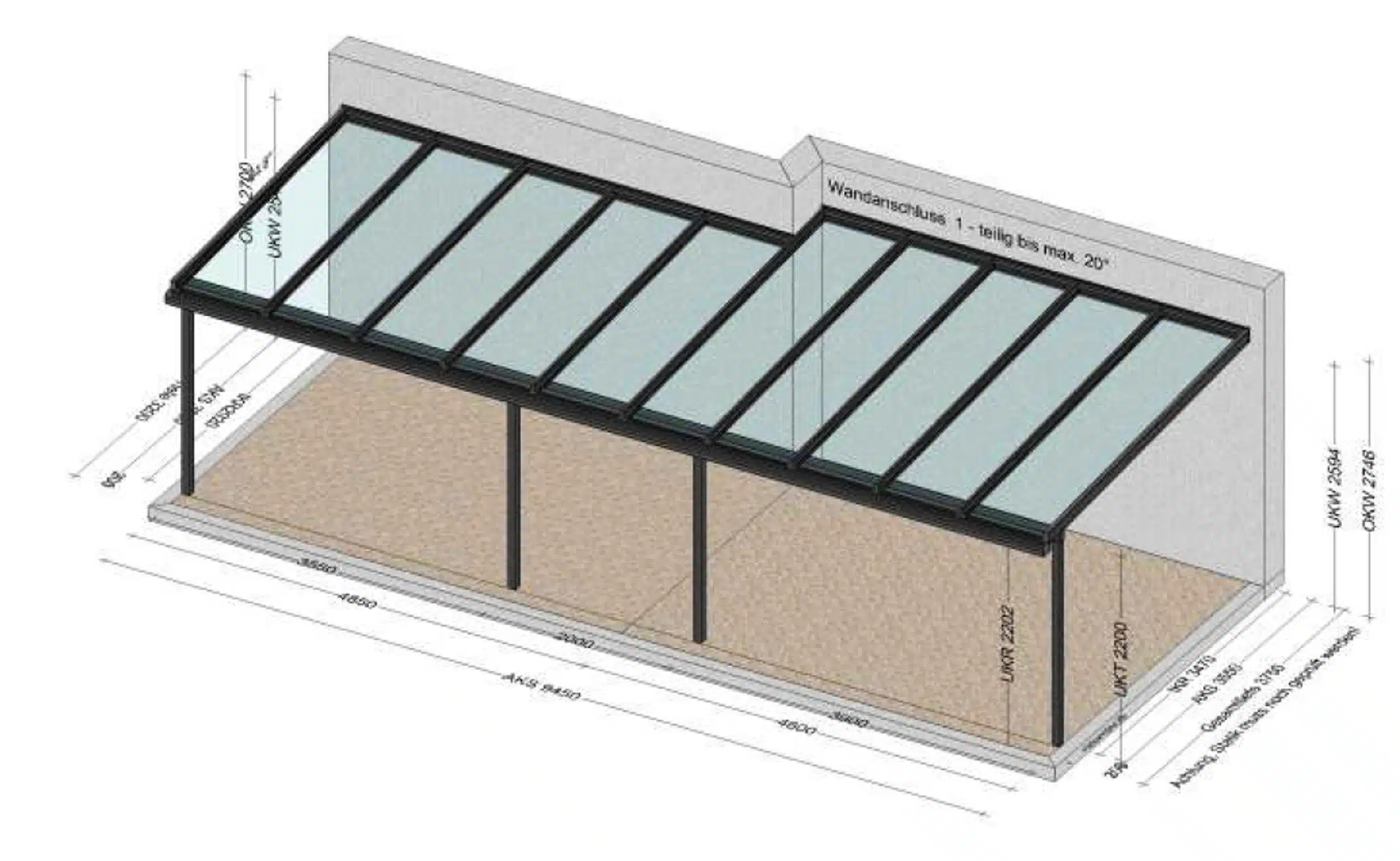 Terrassenglasdach 10 x 4 Meter