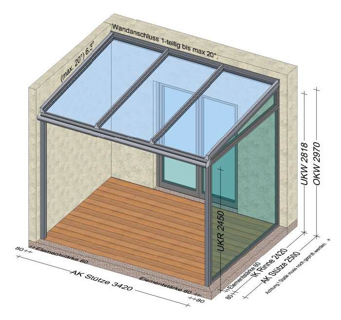 Terrassenüberdachung 1 Seite Mauer, 1 Seite Festverglasung