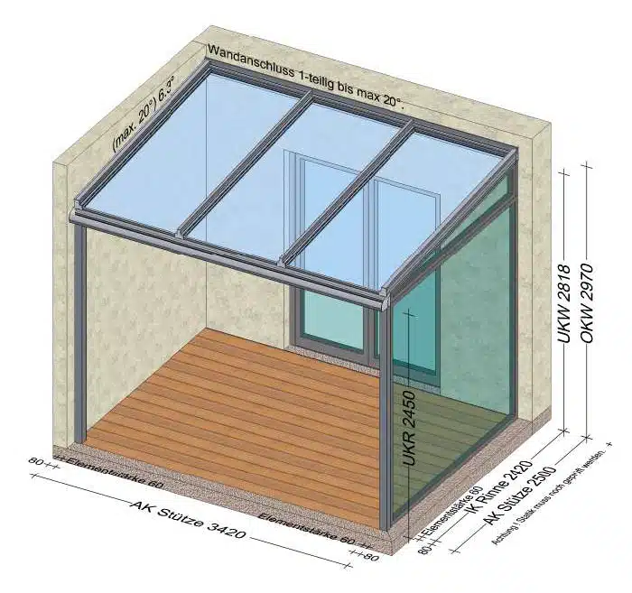 Terrassenüberdachung 1 Seite Mauer, 1 Seite Festverglasung