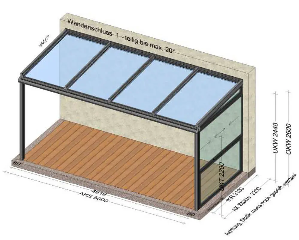 Terrassenüberdachung breite 5 Meter mit seitlichem Schiebefenster