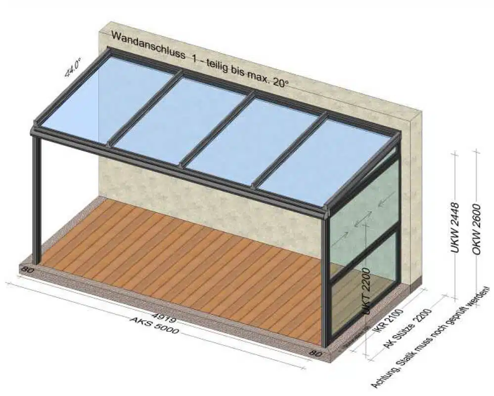 Terrassenüberdachung breite 5 Meter mit seitlichem Schiebefenster