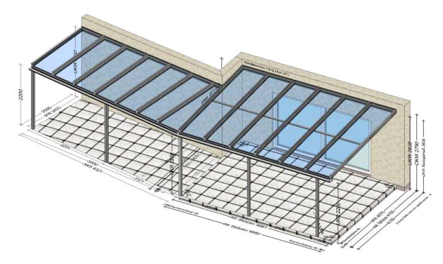 Terrassenüberdachung mit geradem und schrägem Wandanschluß