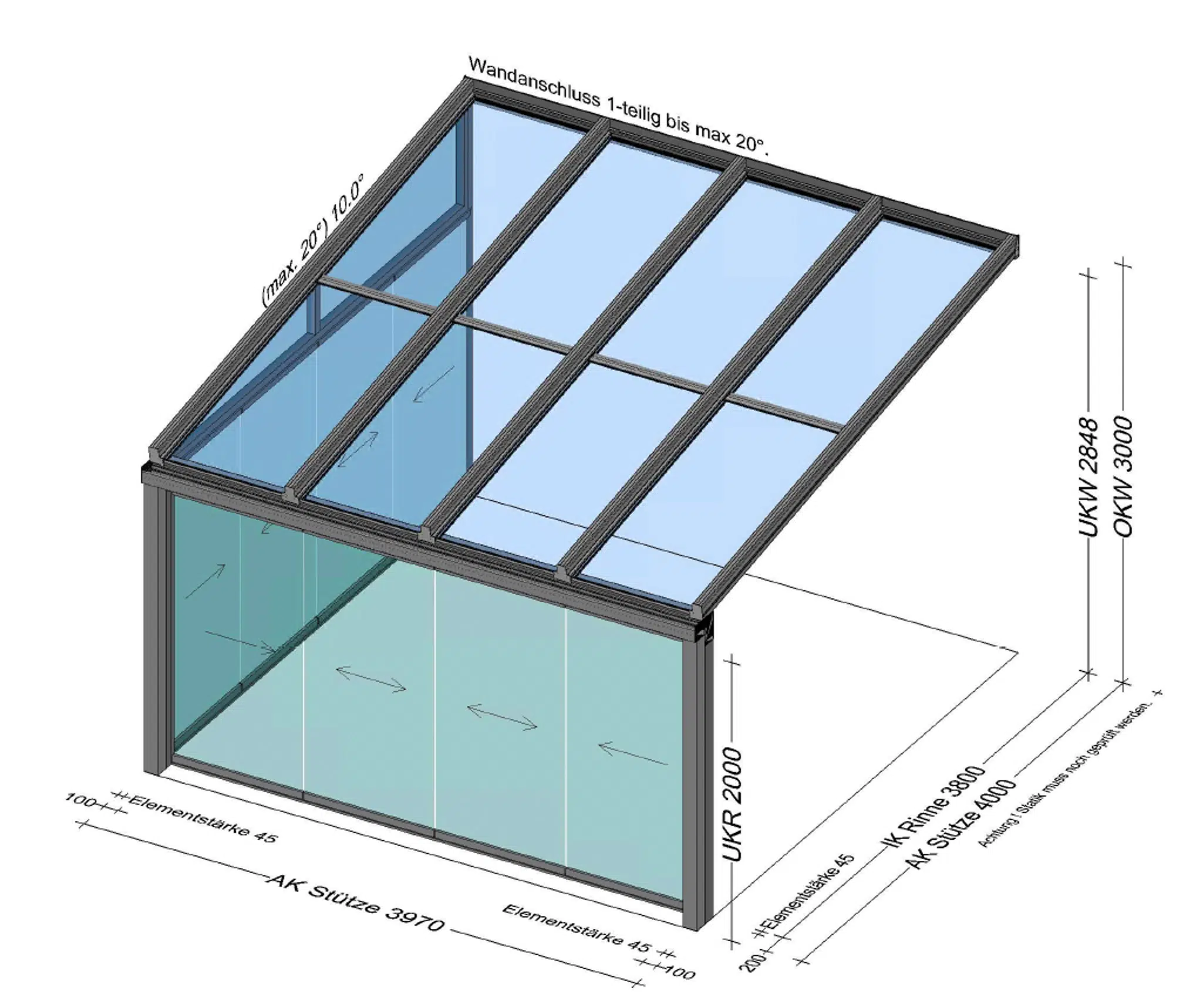 Terrassenüberdachung mit Schiebetüren vorne und linke Seite