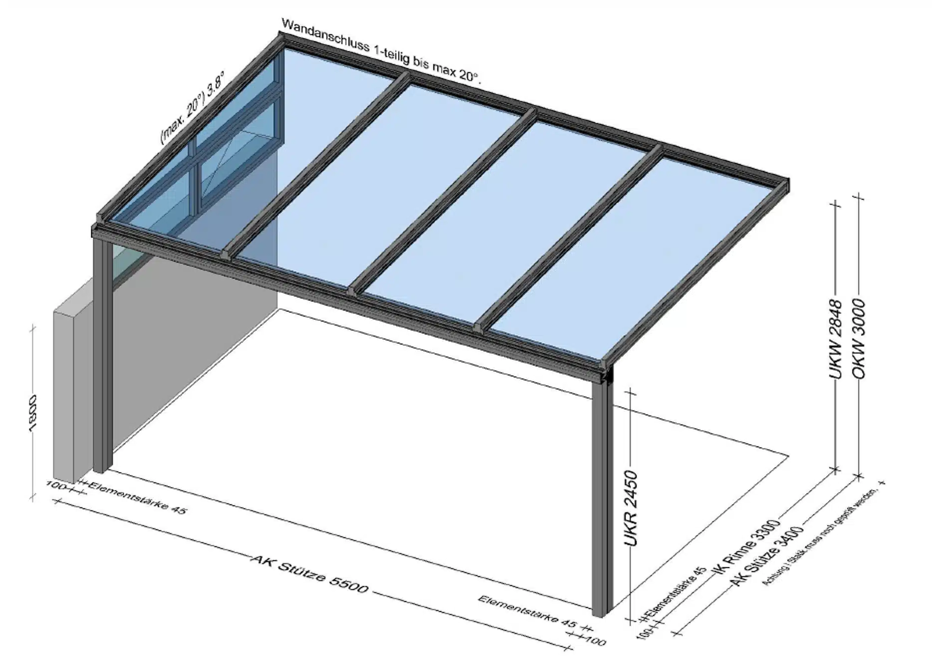 Terrassenüberdachung mit seitlicher Mauer und schräger Oberlichte