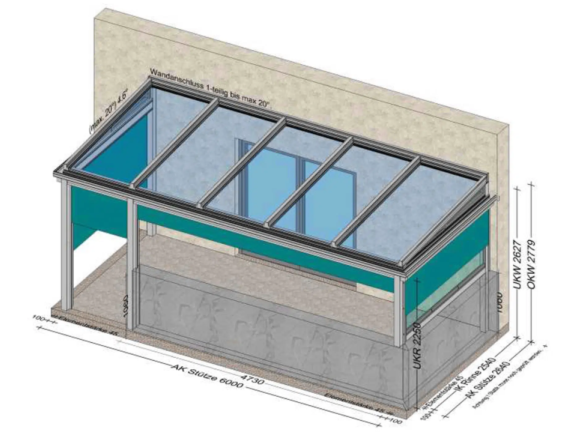 Terrassenüberdachung mit senkrechter Beschattung und Glasdach