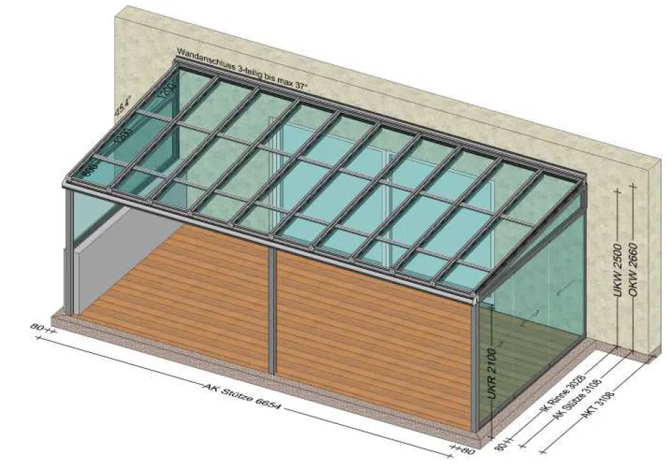 Terrassenüberdachung vorne offen - Seiten mit Verglasung