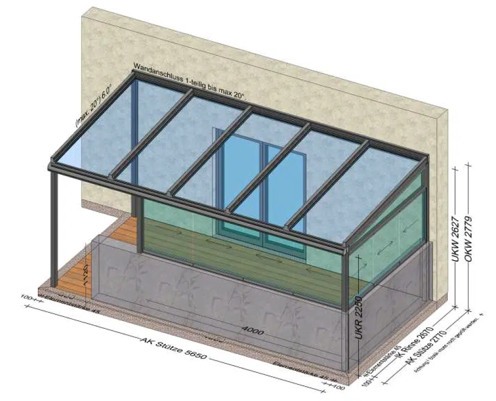 Windschutz auf der Terrasse Glasdach und Schiebewände
