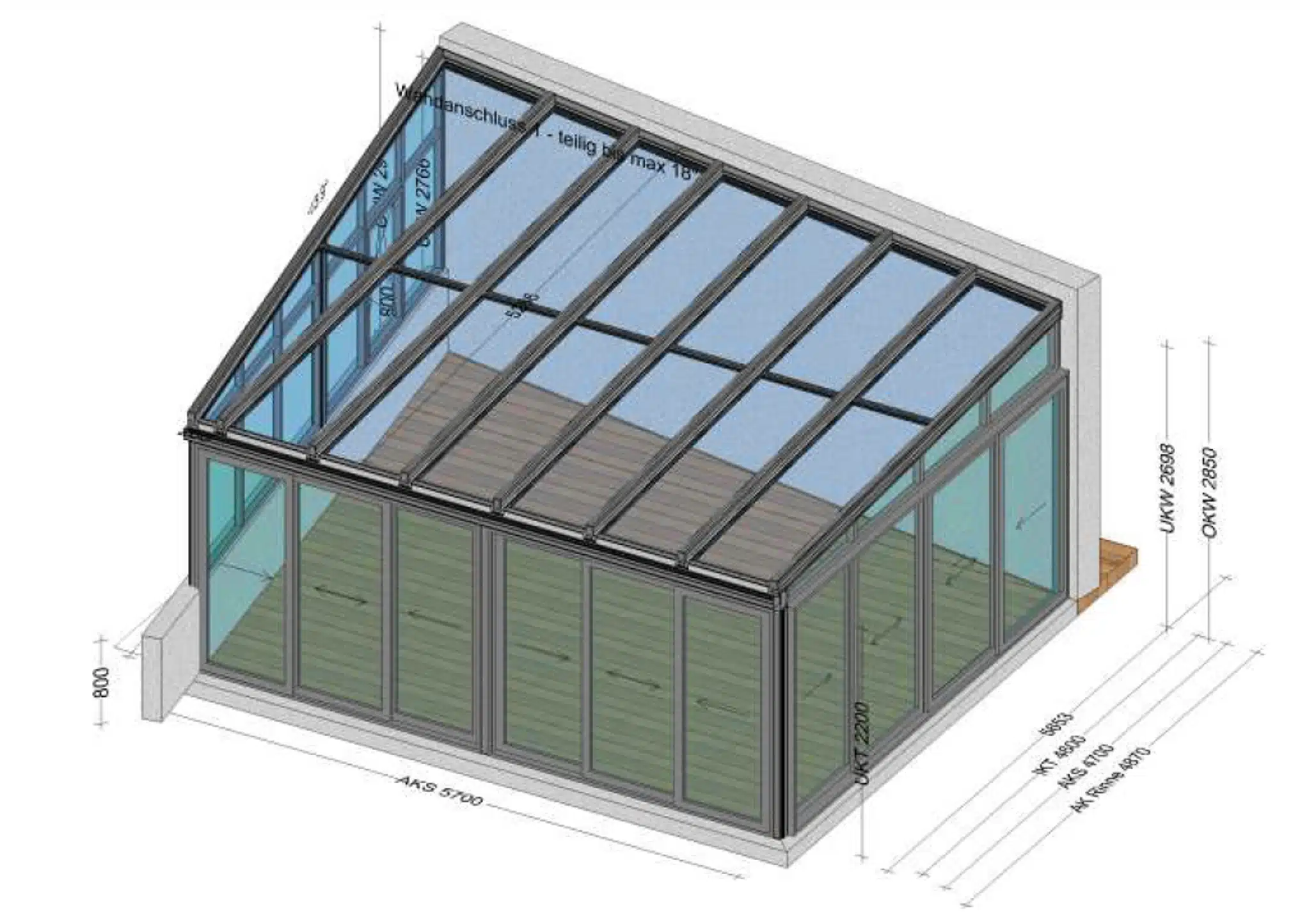 Wintergarten an schiefer Hausmauer 6 x 5 Meter