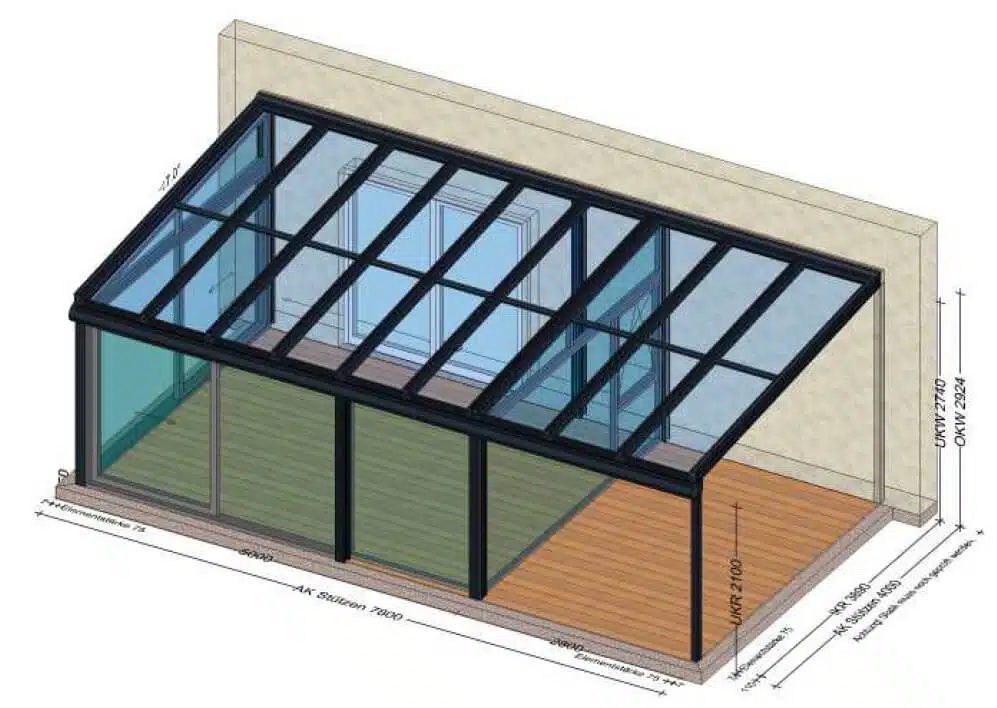 Wintergarten mit Glasdach und verlängerter Glasüberdachung