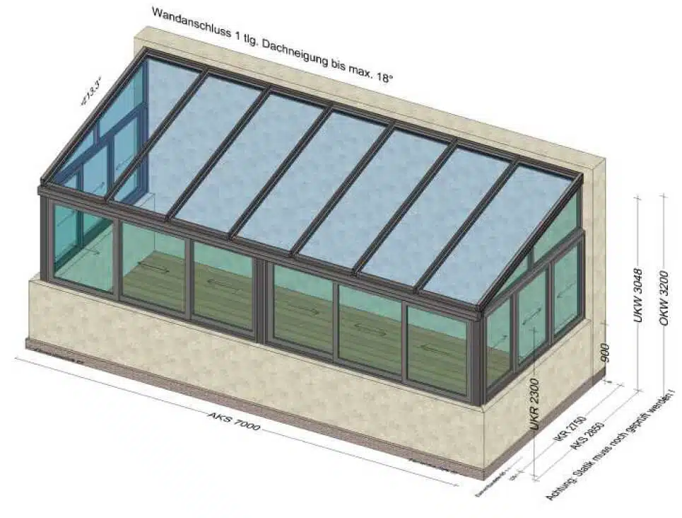 Wintergarten mit Glasdach und seitlichen Schiebefenstern