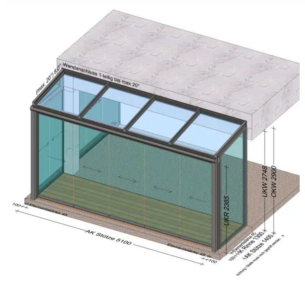 Wintergarten speziell angefertigt unterm Balkon